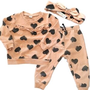 PL Baby 24 Months 3 Pieces Set‎ Black Heart Camel Jogger And Long Sleeved Shirt
